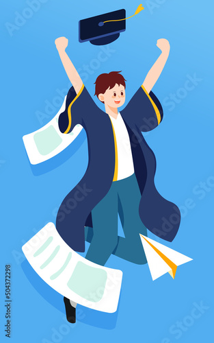 Graduation photo of student wearing bachelor uniform with playground and plants in background, vector illustration