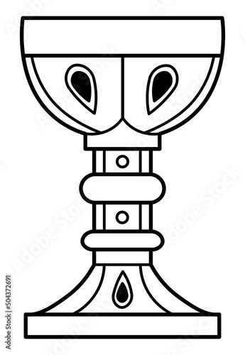 Outined vector drawing of ornamented fantasy goblet with drop-shaped inlaid gems. Medieval style chalice. Graphic illustration for logo, card poster, banner.