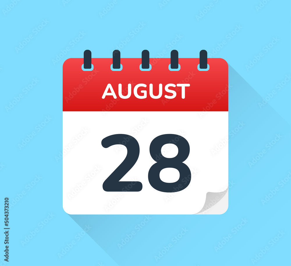 Calendar icon vector with date August 28 isolated on blue background. Calendar icon vector with date August 28 isolated on blue background.
