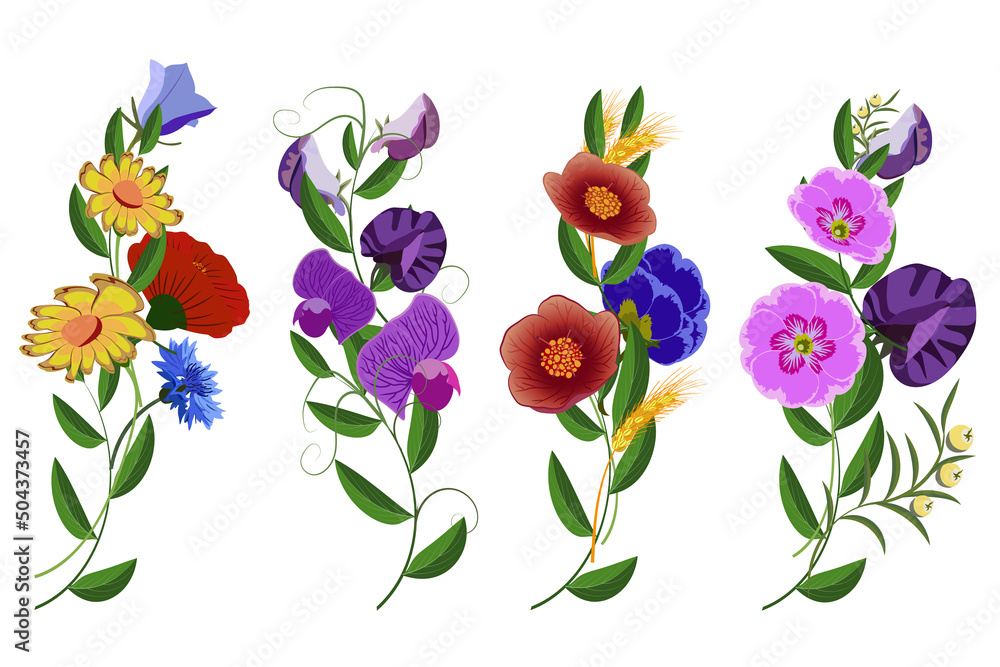 Set of four composition with different flowers, branch leaves. Warm bright colors. Vector illustration