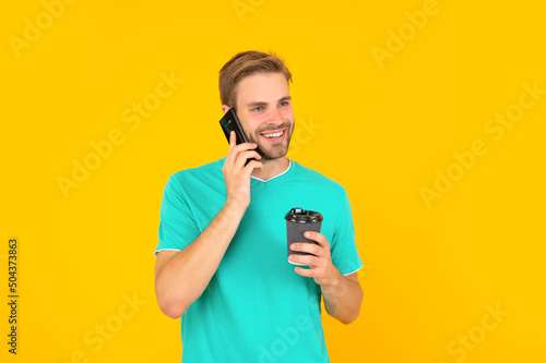 voice contact. telephone connection. young man talk on cellphone. phone call communication