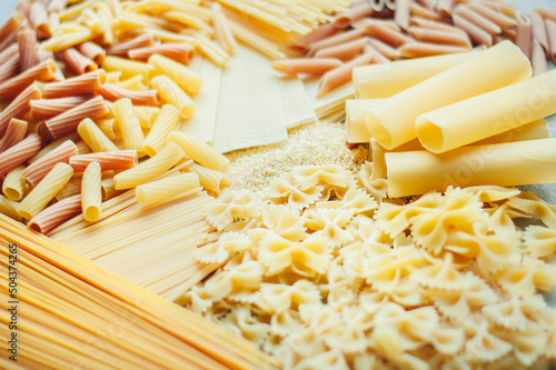 variety of italian pasta. flat lay photo