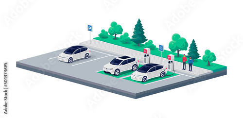 Electric cars perpendicular parking charging on city street road sideway. Dedicated spot and person standing talking near vehicle. Charger stations parking lot. Vector illustration on white background