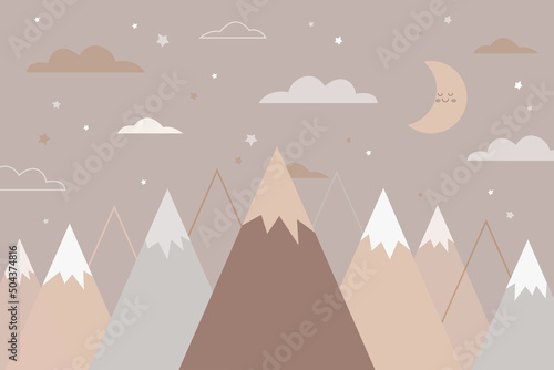 Mountain landscape background, night stars sky background, design for children's room. Children's wallpapers in scandinavian style. Vector illustration