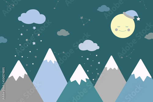 Mountain landscape background, night stars sky background, design for children's room. Children's wallpapers in scandinavian style. Vector illustration