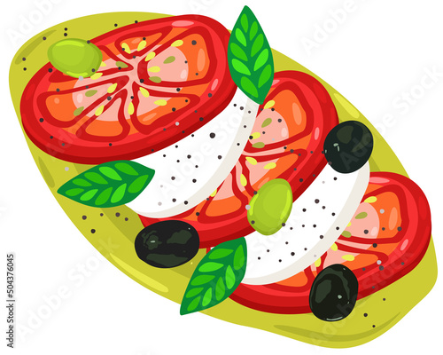 Italian salad caprese on bright green plate. Traditional cuisine of Italy. Tomato, mozzarella, bazil, olives and pepper.
