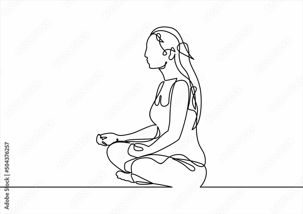 Beautiful young woman practicing yoga, meditating in lotus pose-continuous line drawing 