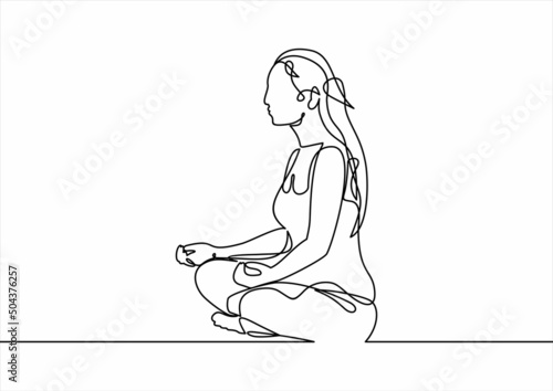 Beautiful young woman practicing yoga, meditating in lotus pose-continuous line drawing 