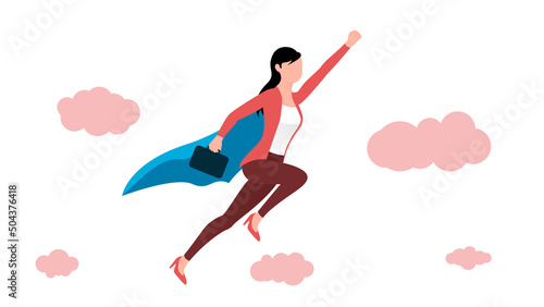 woman flying in superhero pose with briefcase, business character vector illustration on white background.