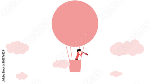 woman with telescope on hot air balloon  business character vector illustration on white background.
