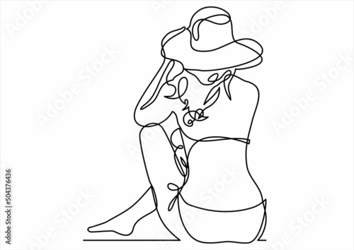 Beautiful young girl on the summer beach- continuous line drawing