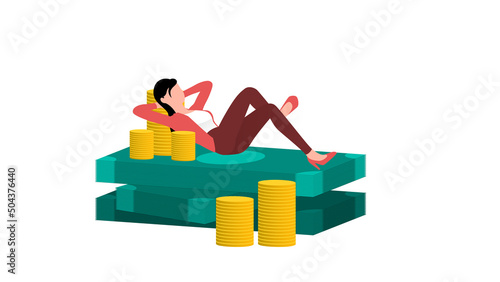 woman with paper money and coins, business character vector illustration on white background.