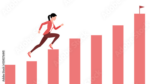 woman running on a graph bar towards success, business character vector illustration on white background.