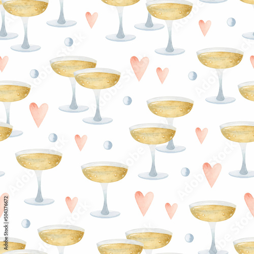 Celebrating champagne glasses and hearts watercolor seamless pattern