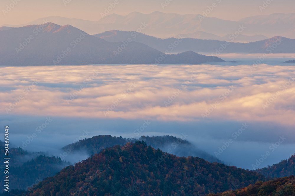 Foggy autumn landscape at sunrise from Clingman's Dome, Great Smoky Mountains National Park, Tennessee, USA