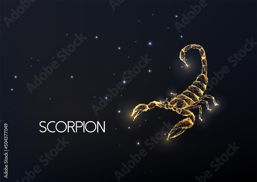 Gold scorpion made of lines, dots, circles and polygons isolated on black background.
