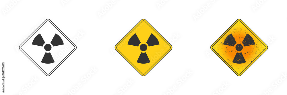 Radiation symbol. Outline, flat yellow, and yellow with grunge texture. Vector illustration. Radiation symbol. Outline, flat yellow, and yellow with grunge texture. Vector illustration.