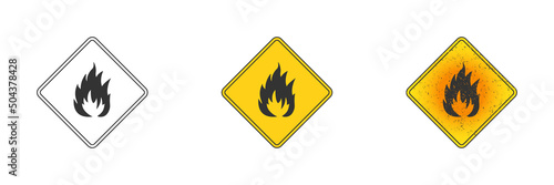 Fire hazard symbol. Outline, flat yellow, and yellow with grunge texture. Vector illustration.