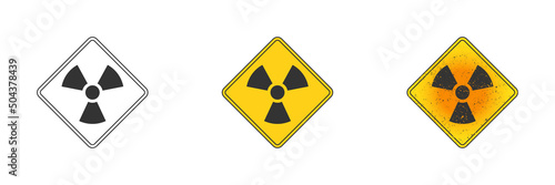 Radiation symbol. Outline, flat yellow, and yellow with grunge texture. Vector illustration.