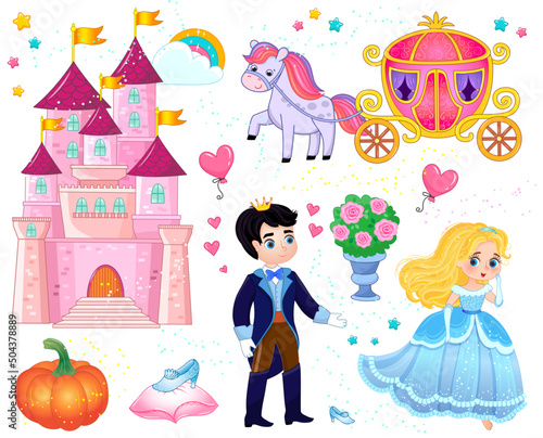 Set of fairy tale items and characters in cartoon style. Prince and princess near the castle. Vector illustration