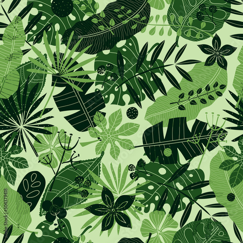 Tropical  leaves in the doodle style. lhand. Exotic summer botanical seamless pattern. Can be used in textile industry, paper, background, scrapbooking.Vector. photo