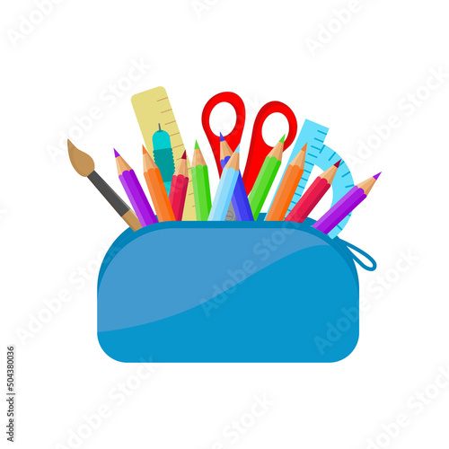 Obraz na płótnie Bright school pencil case with the detection of school stationery records, pens, pencils, scissors, ruler, brushes. september 1st concept,vector w salonie