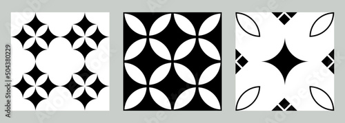Set of 3 tiles. Black and white tiles collection. Azulejos art design. Spanish, Portugease tiles set. Seamless pattern.
