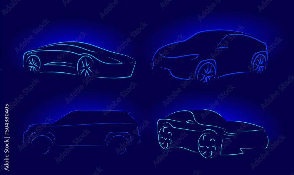 Set of car silhouette made from lines, side view. Modern blue neon car silhouette for logo, banner for marketing advertising design. Vector illustration. Isolated on black background.