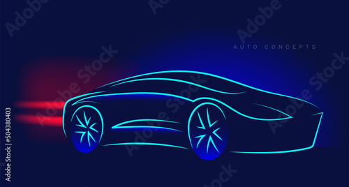 Car silhouette made from lines, side view. Modern blue neon car silhouette for logo, banner for marketing advertising design. Vector illustration. Isolated on blue background.