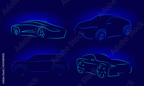 Set of car silhouette made from lines, side view. Modern blue neon car silhouette for logo, banner for marketing advertising design. Vector illustration. Isolated on black background.