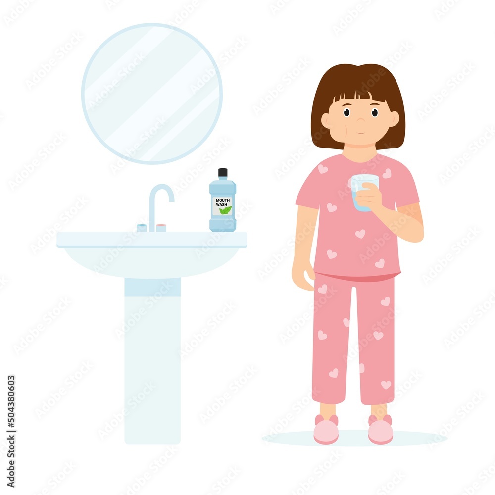 Little girl in pajamas gargles using mouthwash from a glass. Daily oral hygiene Little girl in pajamas gargles using mouthwash from a glass. Daily oral hygiene