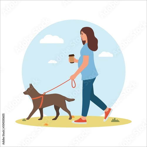 Pregnant woman walking with her dog. Healthy habits and  lifestyle.Happy pregnancy.  Sport for pregnant. Flat cartoon vector illustration