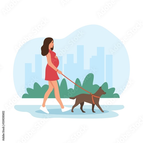 Pregnant woman walking with her dog. Healthy habits and healthy lifestyle.Happy pregnancy.  Sport for pregnant. Flat cartoon vector illustration