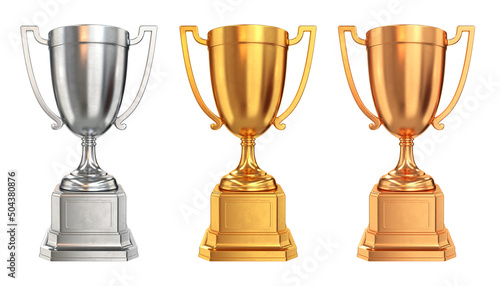 Set of trophy cups gold silver bronze on a white background, 3d render
