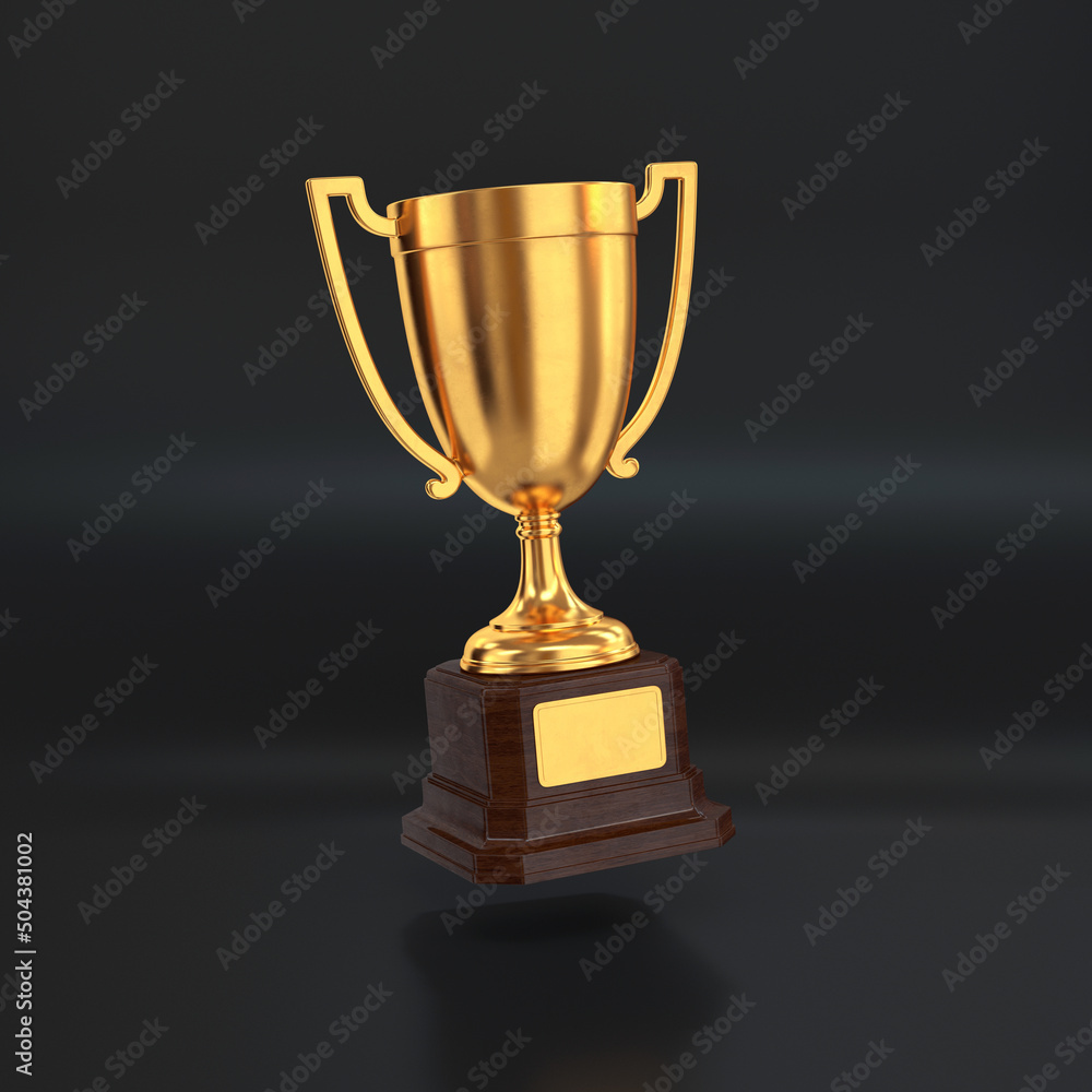 Golden trophy cup floating on a black background, 3d render Golden trophy cup floating on a black background, 3d render
