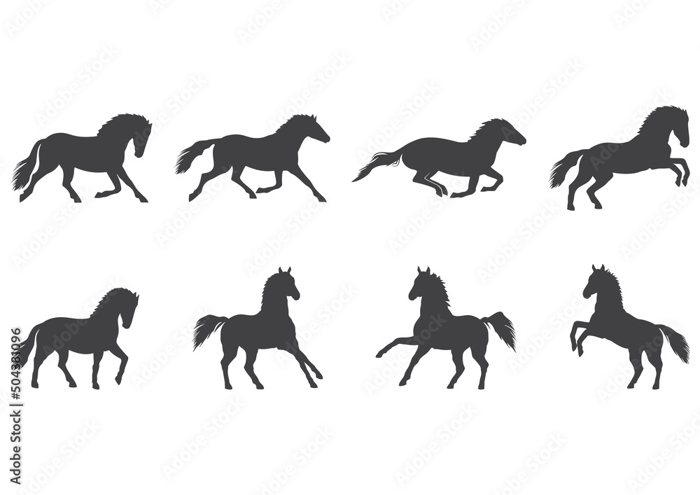 Running and prancing horses, icon set. Vector illustration.