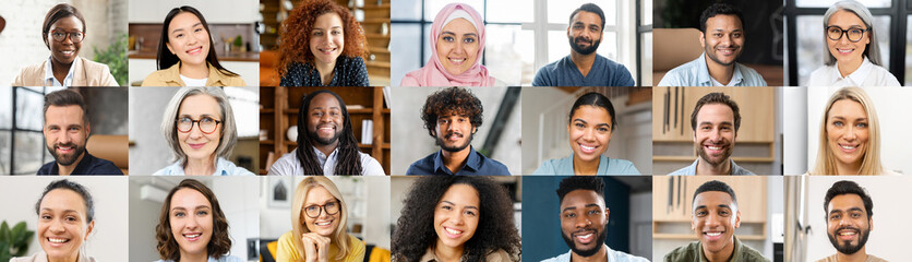 A lot of multiethnic people looking at camera, collage of diverse colleagues, horizontal banner, multiracial workteam mosaic, crowded screen with international employees, video call screen, header