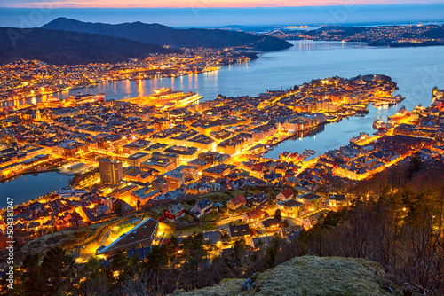 Bergen harbour aerial view at dusk, Norway