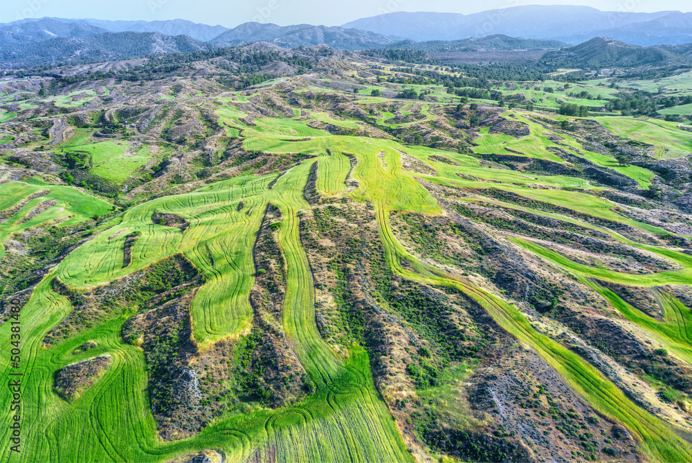 Agricultural fields on uneven terrain of Troodos mountains, Cyprus