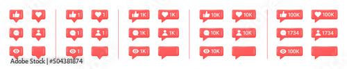 Set of realistic glossy 3d social media notification icons. Like, comment, subscribe and view buttons. Vector bubble icons in different sizes for social networks.