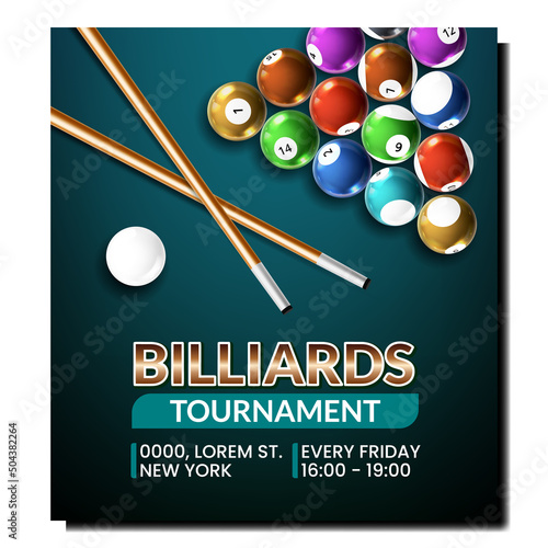 Billiards Tournament Creative Promo Poster Vector. Billiards Balls And Wooden Cue For Playing Sport Game Competition On Advertising Banner. Sport Activity Style Concept Template Illustration