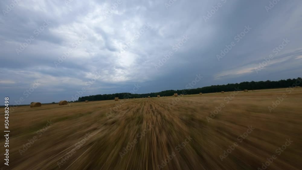 flying low over a mowed sloping field between haystacks flying low over a mowed sloping field between haystacks