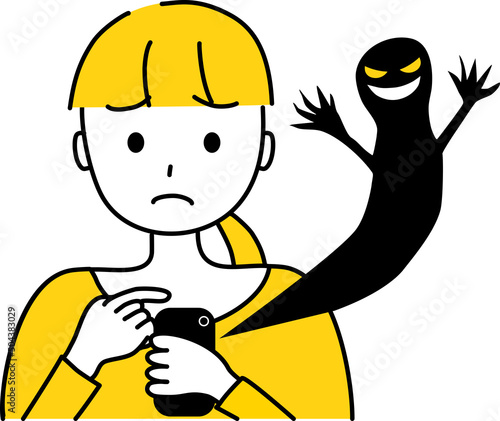 女性の持つスマホから悪者が飛び出すイメージ