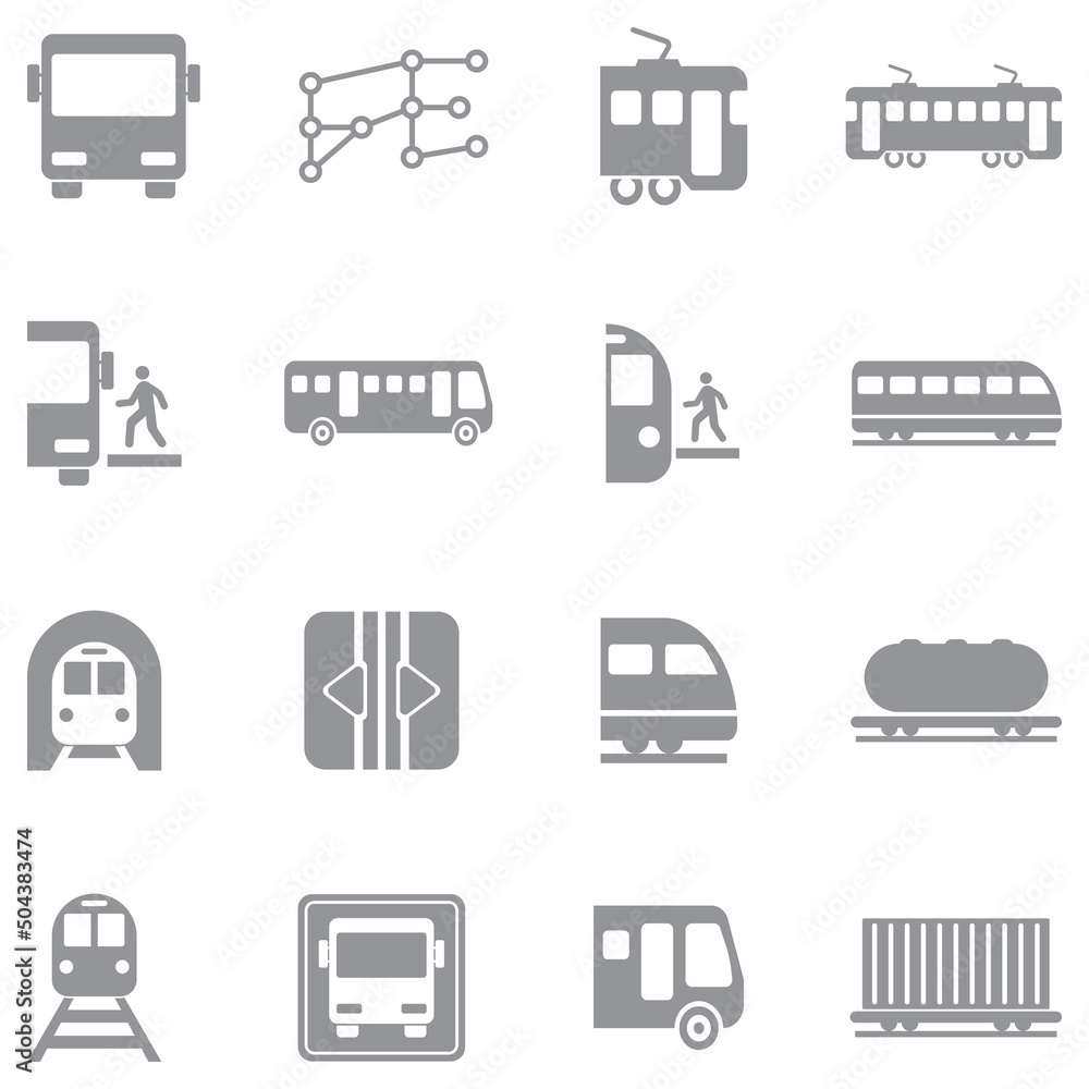 Bus And Train Icons. Gray Flat Design. Vector Illustration.