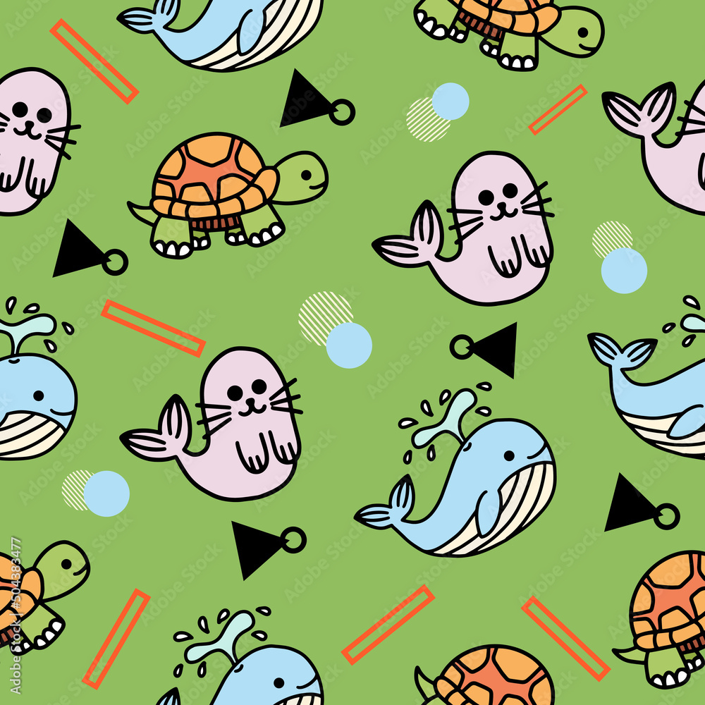 Fototapeta premium cute sea turtle dolphin animal seamless pattern wallpaper with design green.