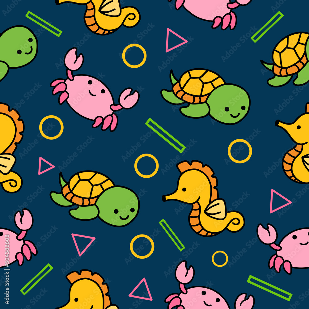 cute animal sea crab and turtle sea horse seamless pattern wallpaper with design dark sea blue.