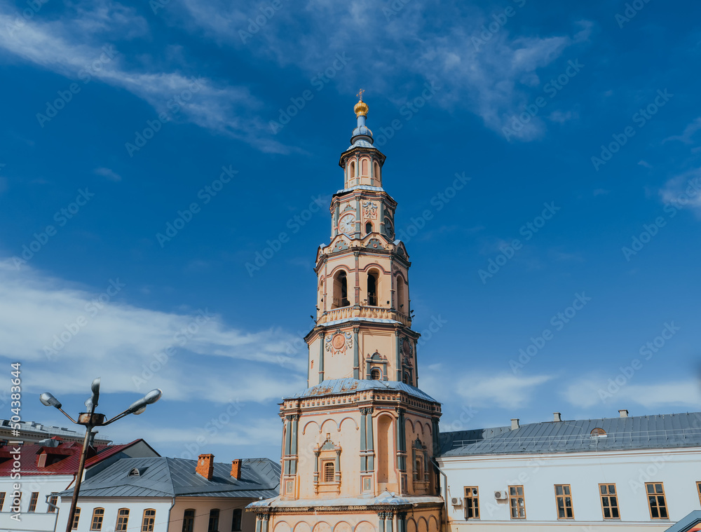 Saints Peter and Paul Cathedral or Petropavlovsky Cathedral. Kazan, Tatarstan Republic, Russia. Orthodox church in baroque style. Kazan architectural landmark. Cathedral Bell Tower