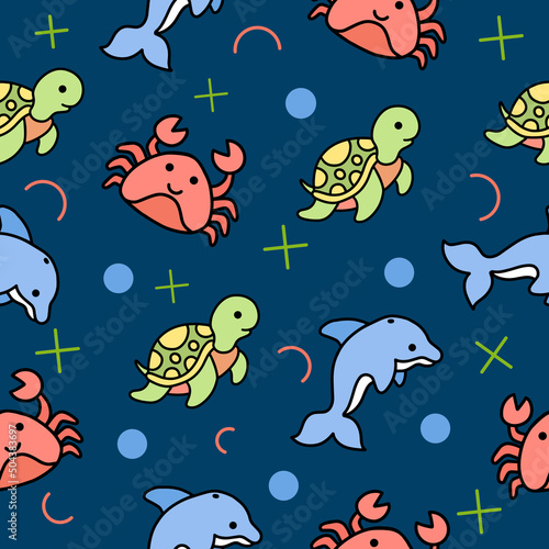 cute animal sea crab and turtle dolphin seamless pattern wallpaper with design dark sea blue.