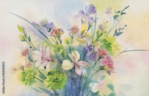 A bouquet of pastel color flowers watercolor background