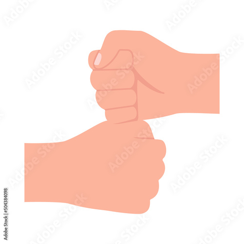 Two fist in greeting communication or in fight, conflict, bump hand. Relationship people, sign success or suppress. Vector illustration